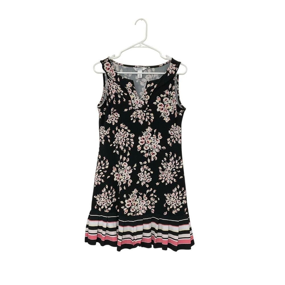 WHBM Floral V-Neck Dress Sleeveless Pleated Ruffle Hem Size Small